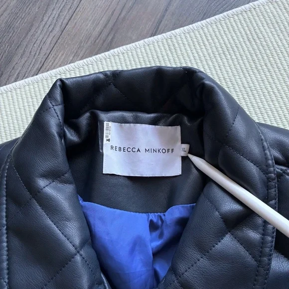 Rebecca Minkoff Diamond Quilted Faux Leather Navy Blue Bomber Jacket - Picture 4 of 12